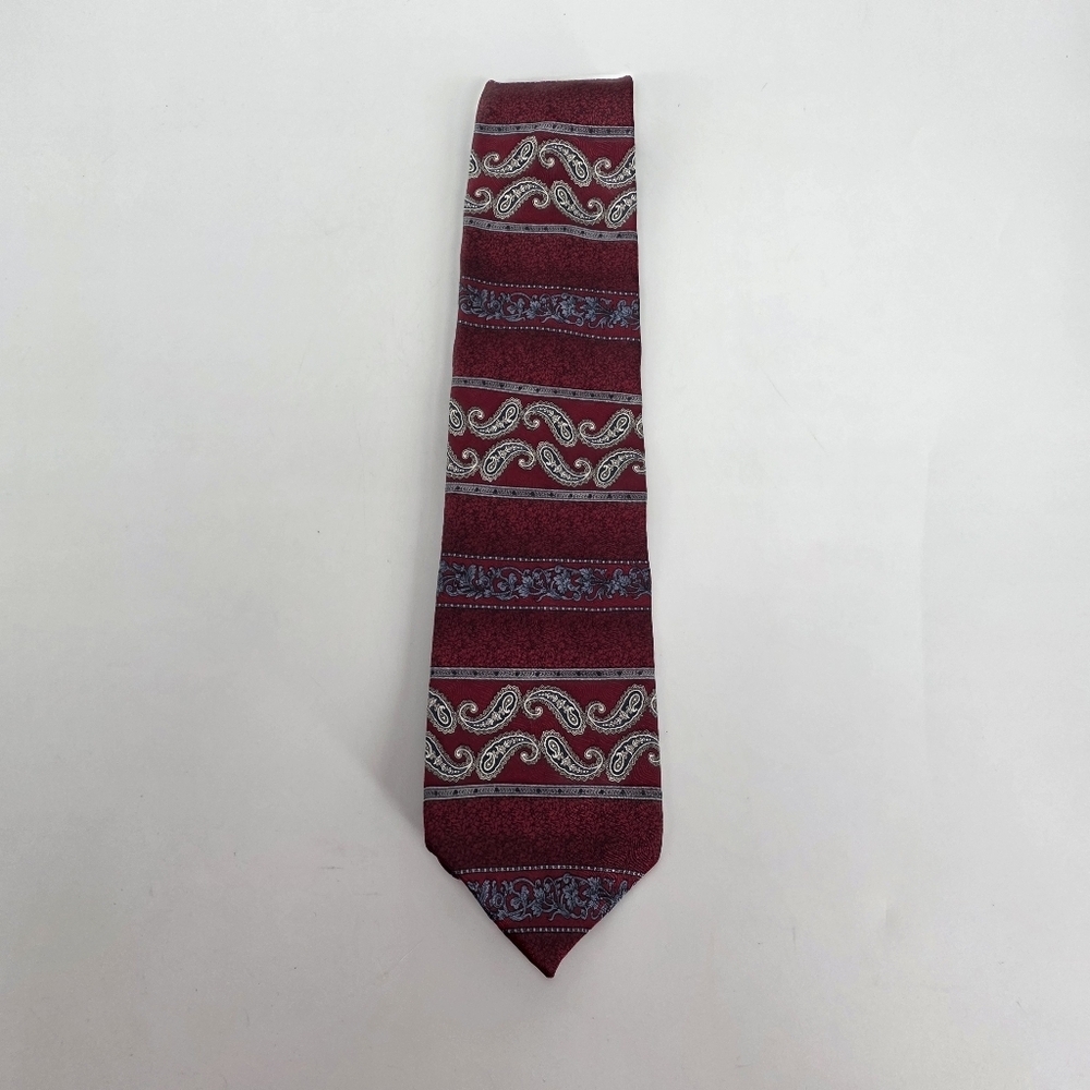 VINTAGE 90s Foxx & Hawkfield 100% Silk Tie Paisley Banded Burgundy Made in USA